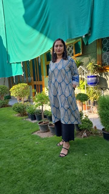 Block-print kurta and wide-leg pant set, styled outdoors
