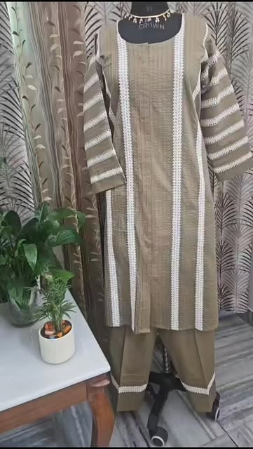 Olive kurta set with lace trim detailing, styled on a mannequin